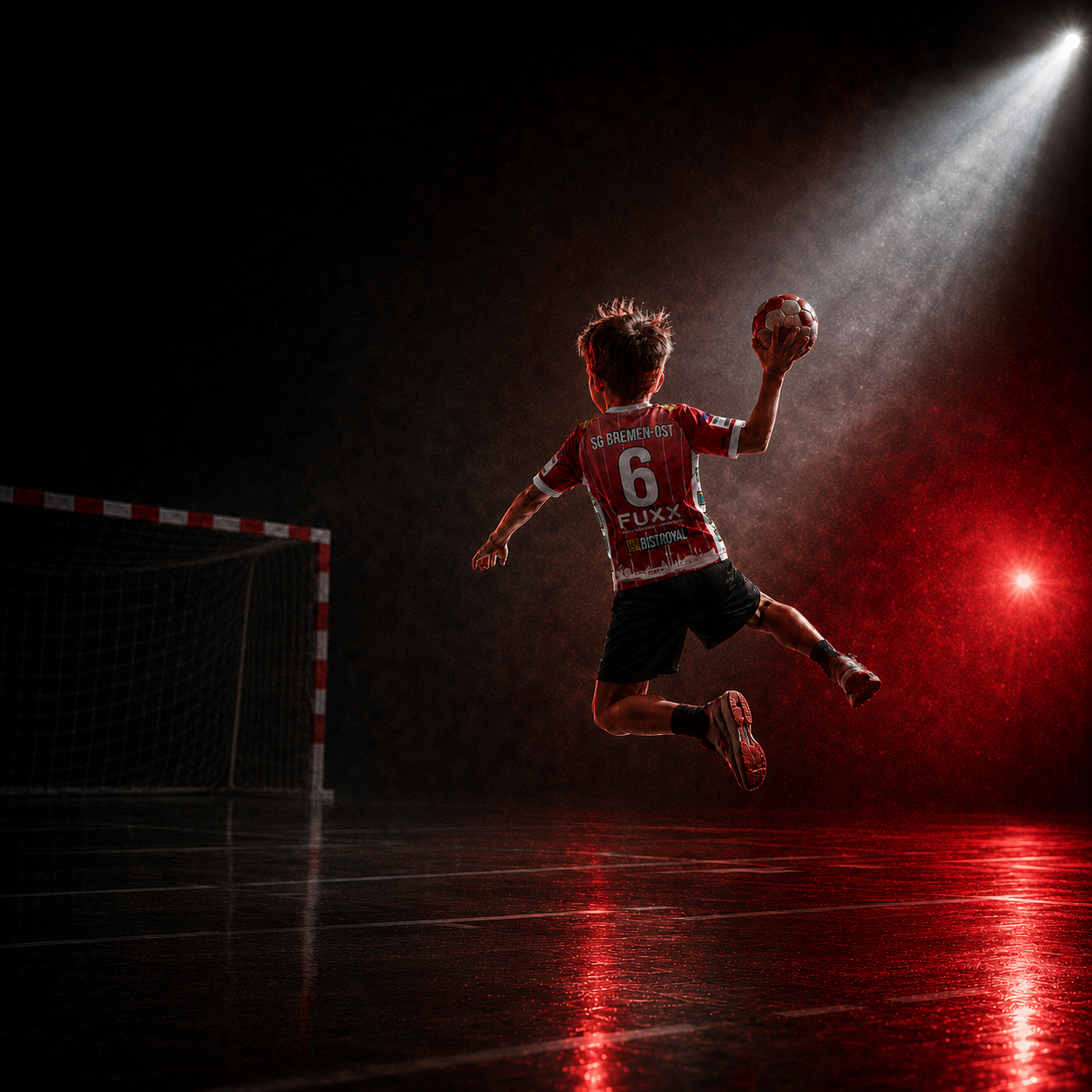 Junger Handballspieler beim Sprungwurf im SGBO-Trikot und rot-schwarzen Licht