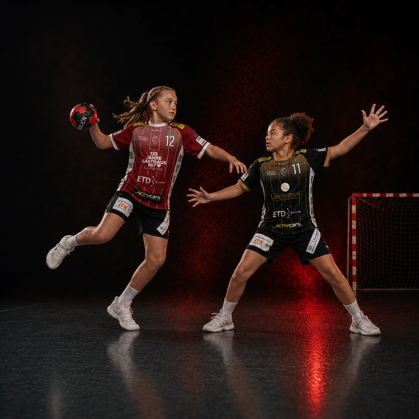Zwei unterschiedliche Spielerinnen der weiblichen D-Jugend im roten Heimtrikot mit Nummer 12 und schwarz-goldenen Auswärtstrikot mit Nummer 11 von SG Bremen-Ost Handball